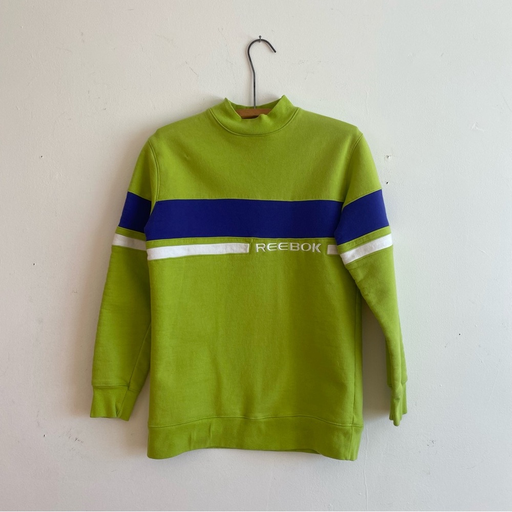 Vintage 90s Reebok Sweatshirt Spell Out Stripe Mock Turtleneck Lime Green S